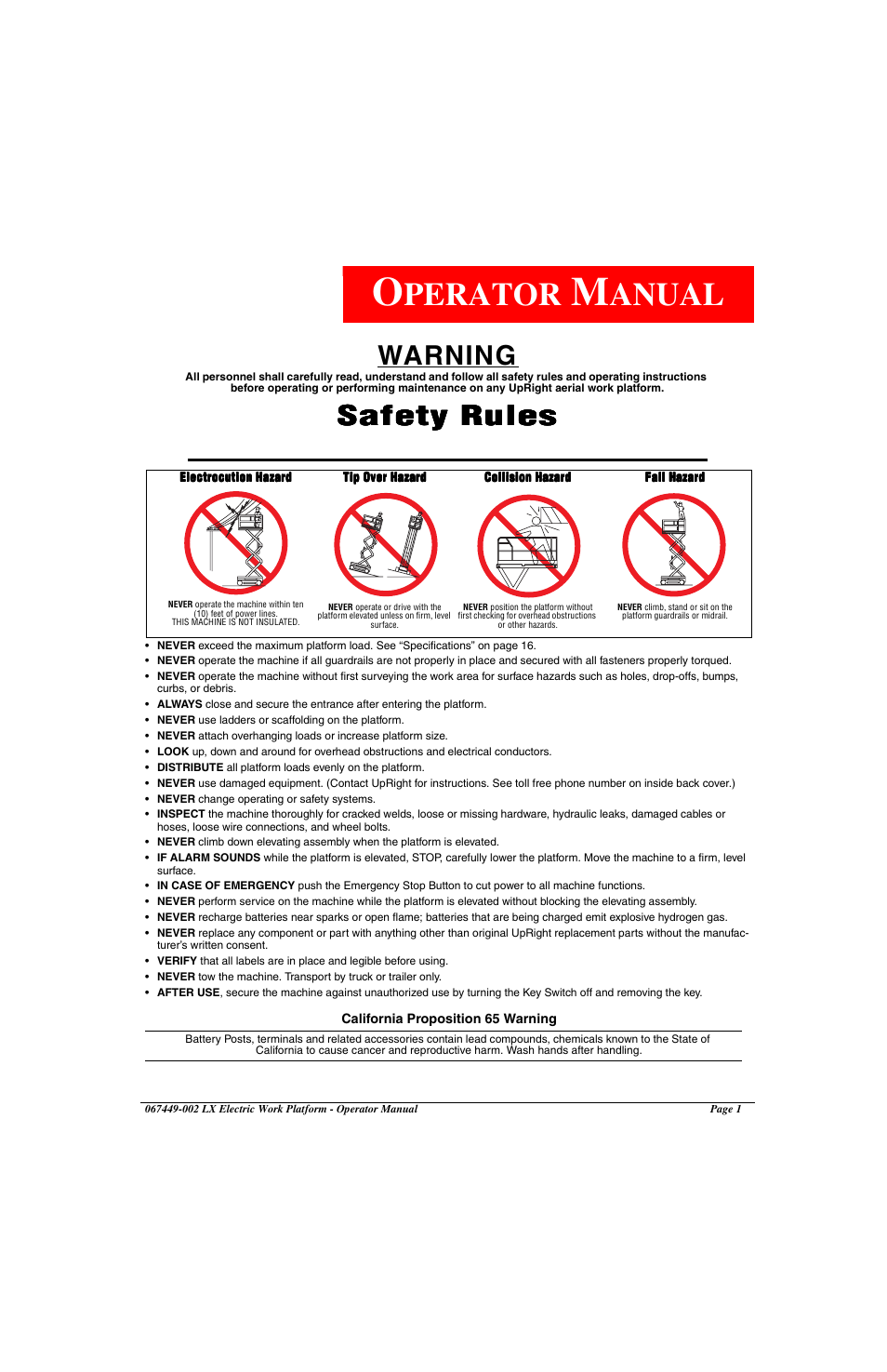 Operator manual, Perator, Anual | Warning, Safety rules | Snorkel LX41 Electric-sn4022+ User Manual | Page 5 / 104