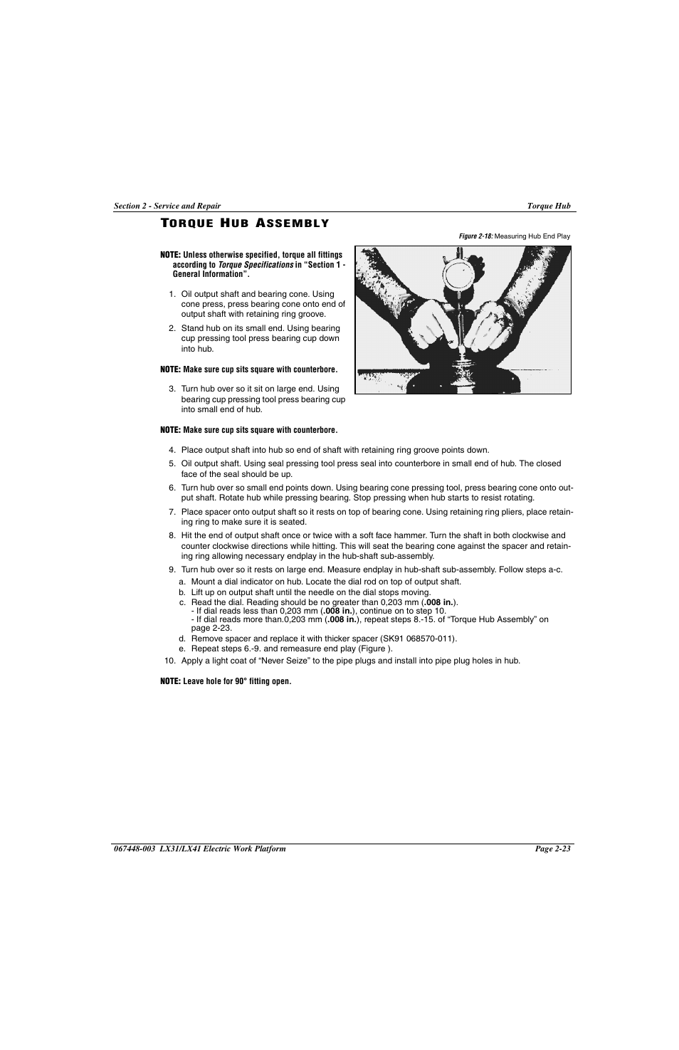 Torque hub assembly -23, Figure 2-18: measuring hub end play -23 | Snorkel LX41 Electric-sn4022+ User Manual | Page 61 / 104
