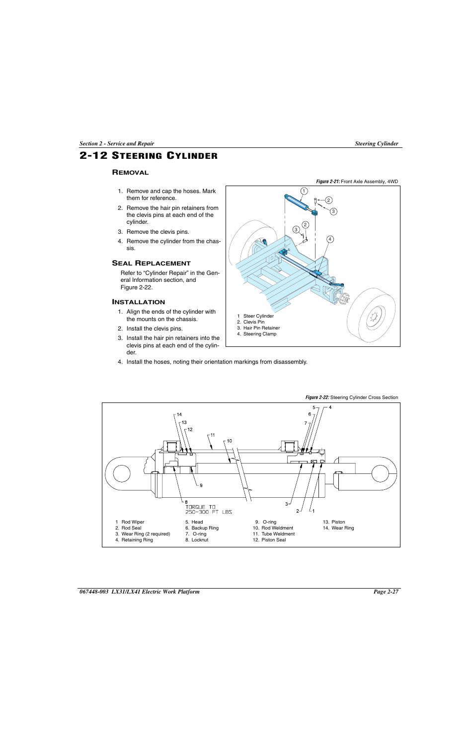 212 steering cylinder, 12 steering cylinder -27, Removal -27 seal replacement -27 installation -27 | 12 s, Teering, Ylinder | Snorkel LX41 Electric-sn4022+ User Manual | Page 65 / 104