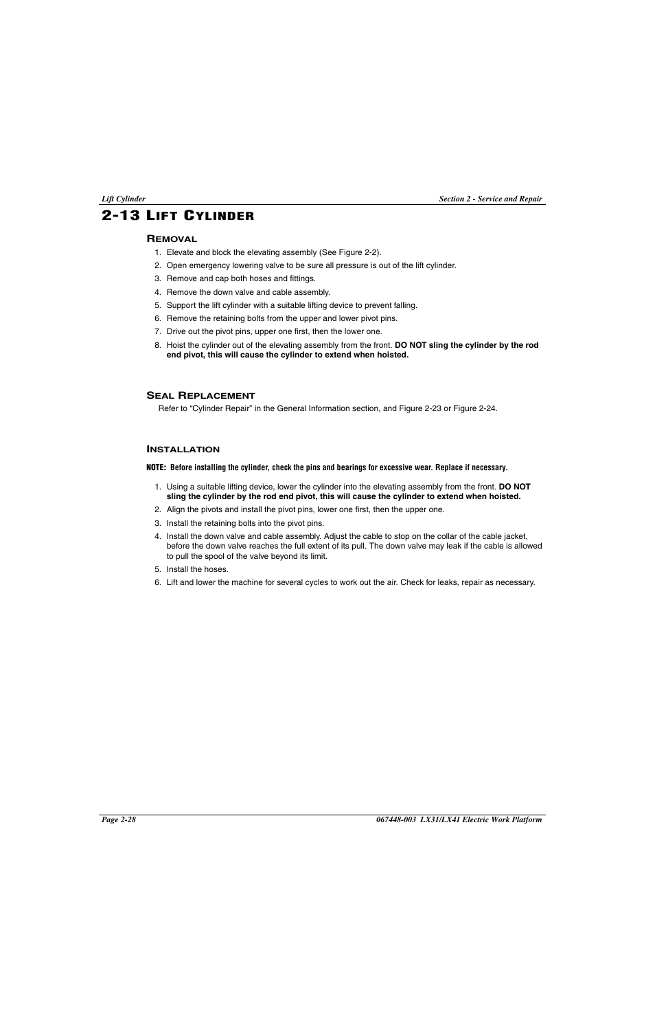 213 lift cylinder, 13 lift cylinder -28, Removal -28 seal replacement -28 installation -28 | 13 l | Snorkel LX41 Electric-sn4022+ User Manual | Page 66 / 104
