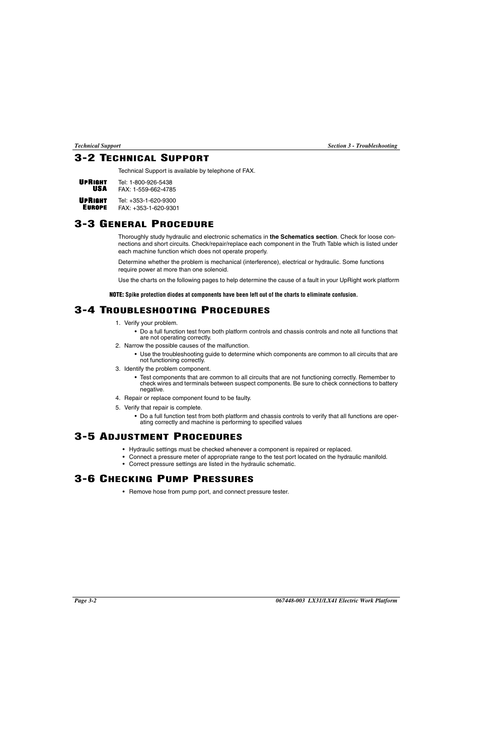 32 technical support, 33 general procedure, 34 troubleshooting procedures | 35 adjustment procedures, 36 checking pump pressures, 2 technical support -2, 3 general procedure -2, 4 troubleshooting procedures -2, 5 adjustment procedures -2, 6 checking pump pressures -2 | Snorkel LX41 Electric-sn4022+ User Manual | Page 72 / 104