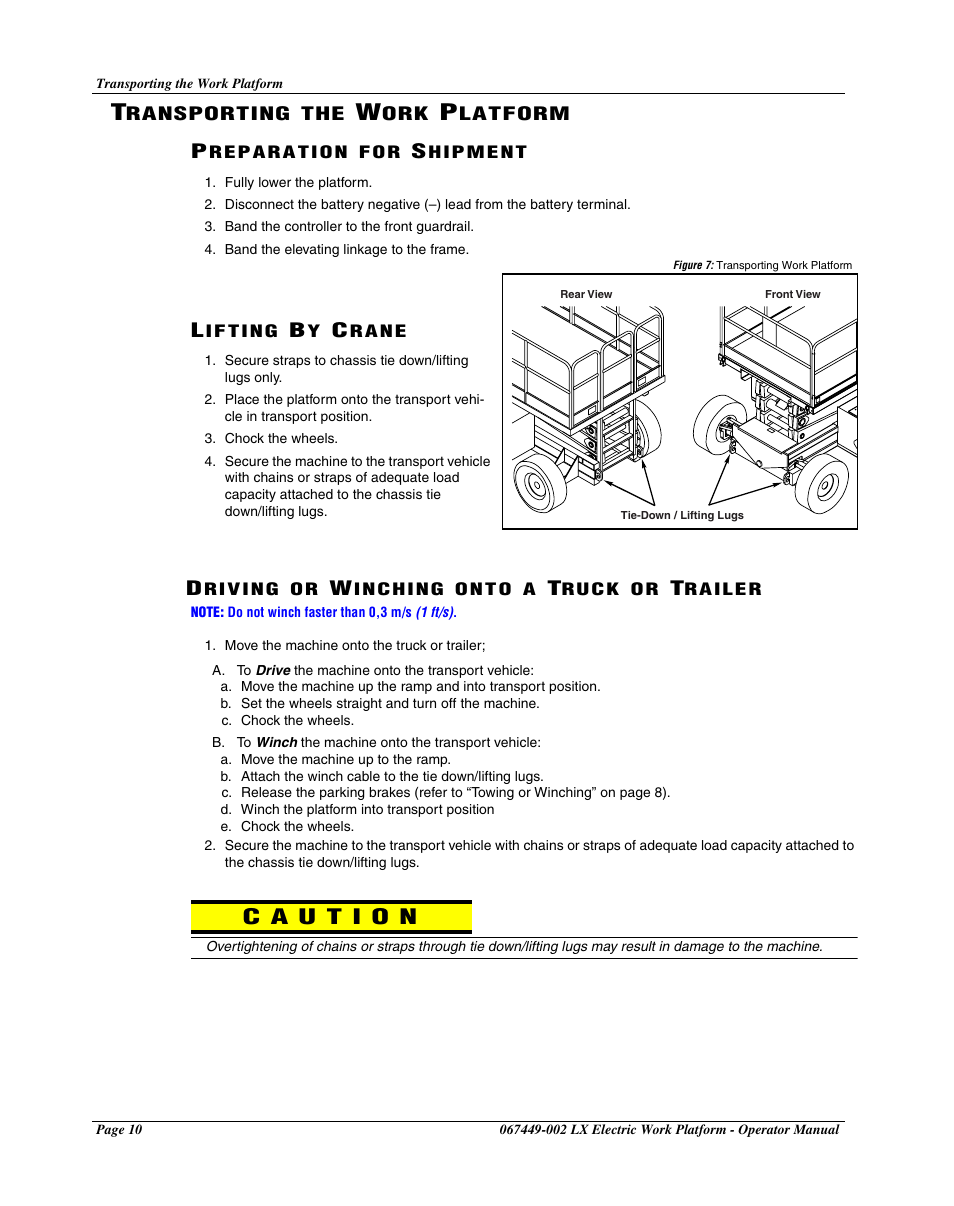 Transporting the work platform, Preparation for shipment, Lifting by crane | Driving or winching onto a truck or trailer | Snorkel LX41 Electric-sn4022-4390 User Manual | Page 12 / 20