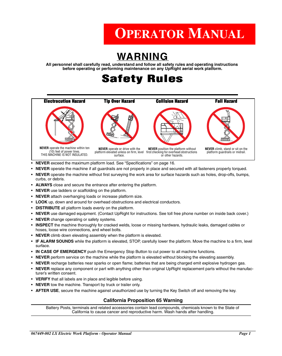 Operator manual, Perator, Anual | Warning, Safety rules | Snorkel LX41 Electric-sn4022-4390 User Manual | Page 3 / 20