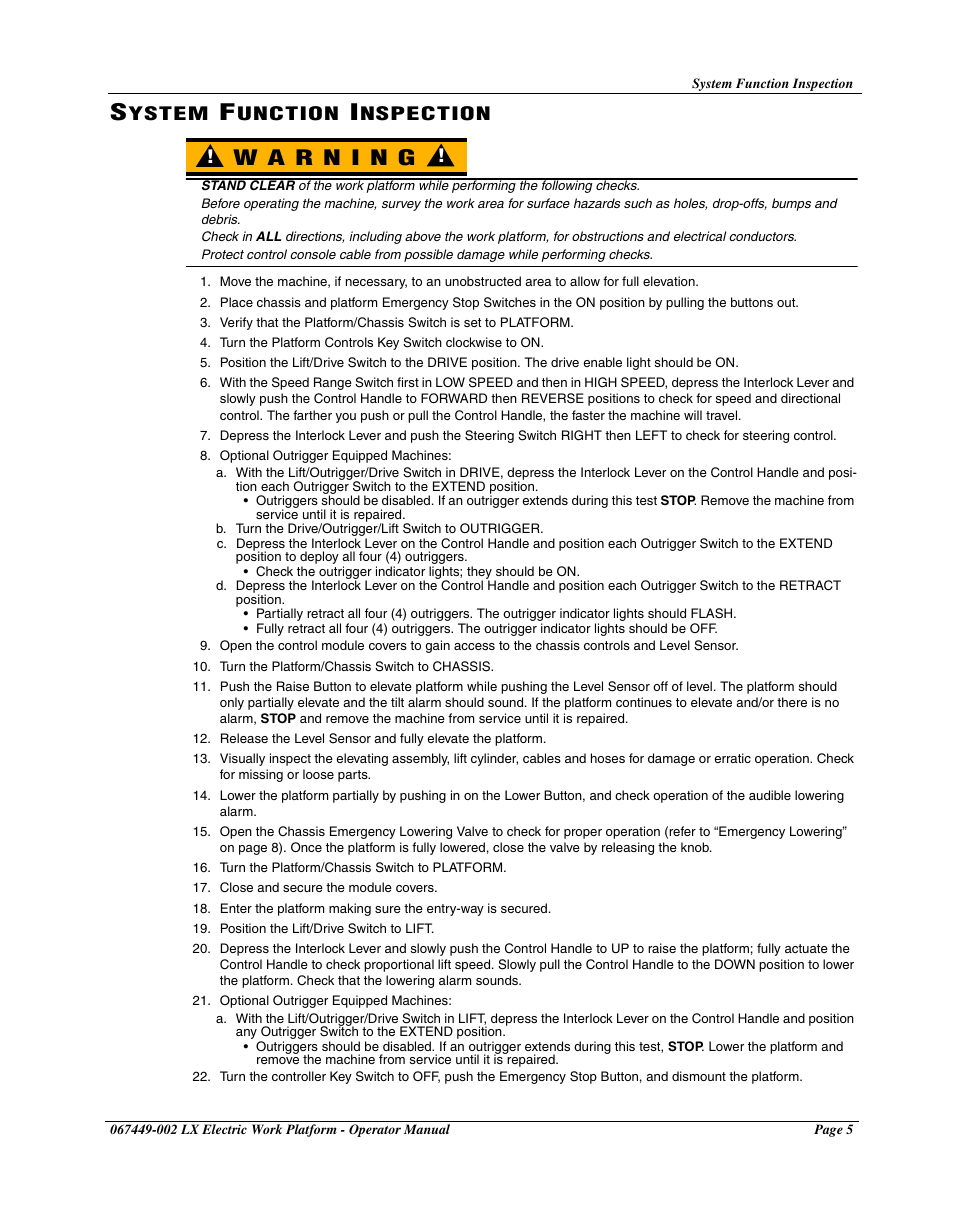 System function inspection, Ystem, Unction | Nspection | Snorkel LX41 Electric-sn4022-4390 User Manual | Page 7 / 20