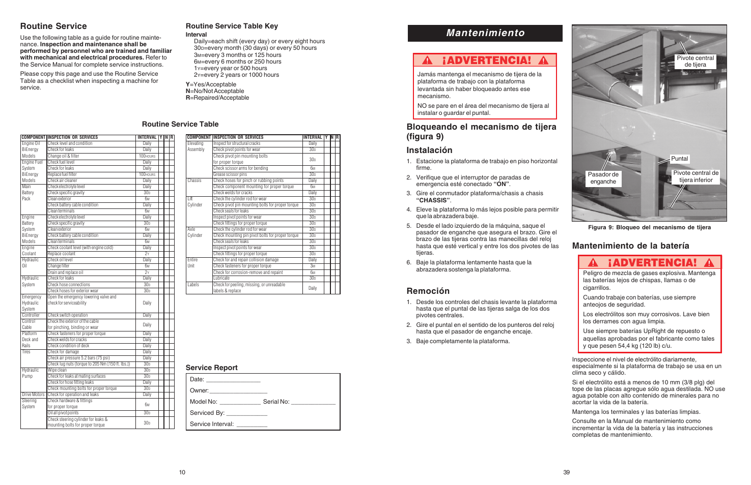 Mantenimiento, Routine service, Mantenimiento de la batería | Remoción, Routine service table key, Service report, Routine service table, Every year or 500 hours 2 | Snorkel Bi-Energy-sn1879-4274 User Manual | Page 10 / 24