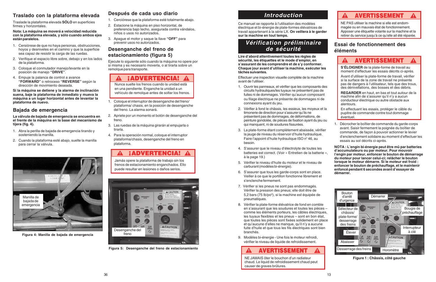 Introduction, Vérification préliminaire de sécurité, Essai de fonctionnement des éléments | Traslado con la plataforma elevada, Bajada de emergencia, Después de cada uso diario | Snorkel Bi-Energy-sn1879-4274 User Manual | Page 13 / 24