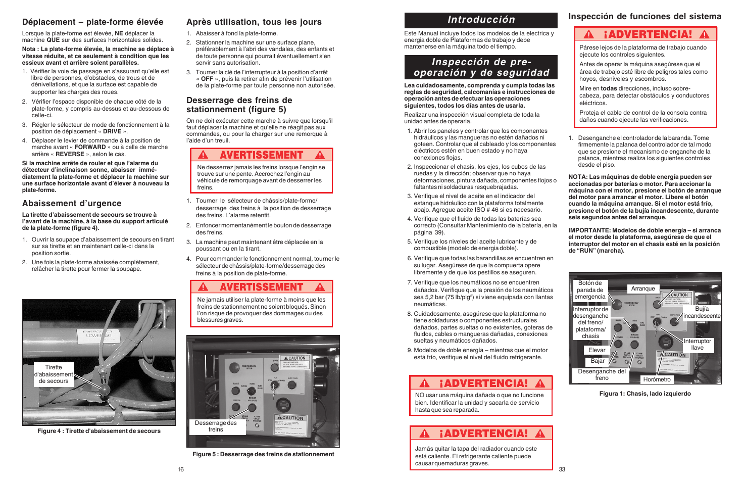 Introducción, Inspección de pre- operación y de seguridad, Après utilisation, tous les jours | Desserrage des freins de stationnement (figure 5), Déplacement – plate-forme élevée, Abaissement d’urgence, Inspección de funciones del sistema | Snorkel Bi-Energy-sn1879-4274 User Manual | Page 16 / 24