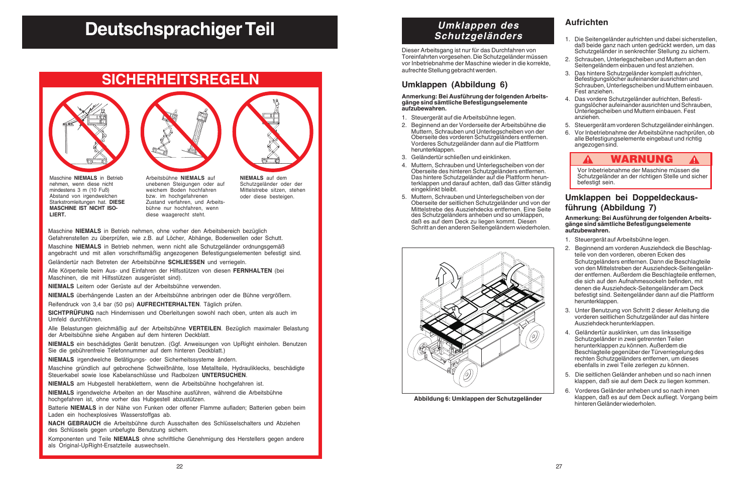 Deutschsprachiger teil, Sicherheitsregeln, Umklappen des schutzgeländers | Aufrichten, Umklappen bei doppeldeckaus- führung (abbildung 7), Umklappen (abbildung 6) | Snorkel Bi-Energy-sn1879-4274 User Manual | Page 22 / 24
