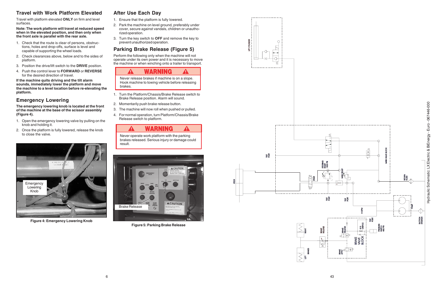 Travel with work platform elevated, Emergency lowering, After use each day | Parking brake release (figure 5) | Snorkel Bi-Energy-sn1879-4274 User Manual | Page 6 / 24