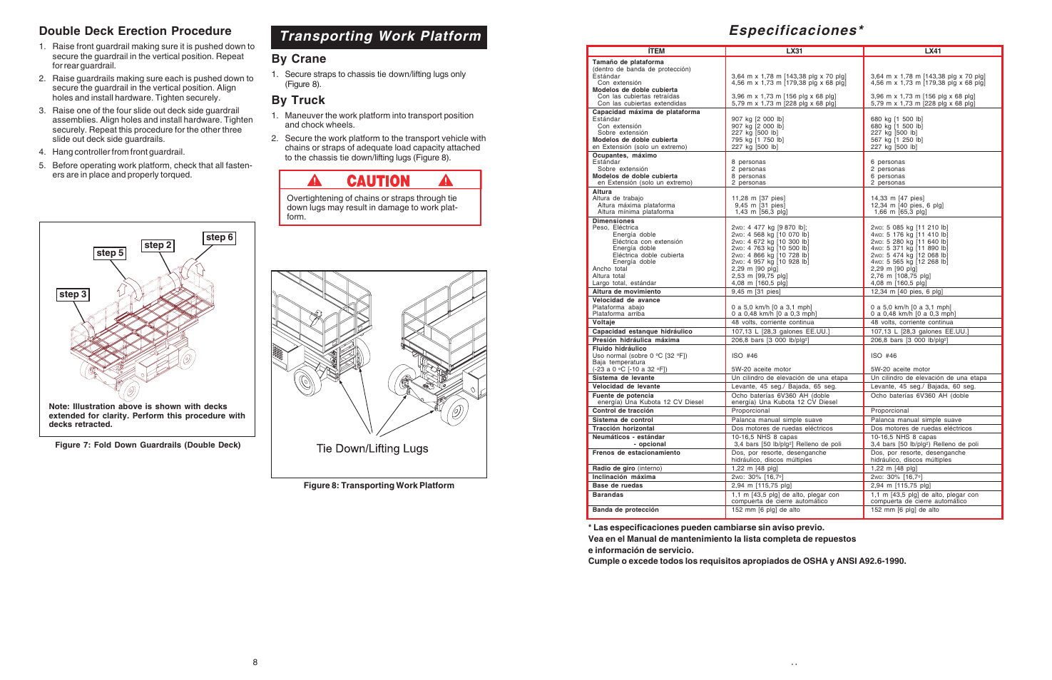Transporting work platform, Especificaciones, Double deck erection procedure | By crane, By truck, Step 2 step 5 step 3 step 6 | Snorkel Bi-Energy-sn1879-4274 User Manual | Page 8 / 24