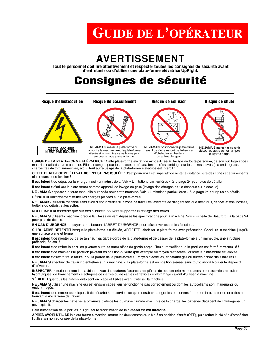 Uide de l, Opérateur, Avertissement | Consignes de sécurité | Snorkel Bi-Energy-sn4275+ User Manual | Page 23 / 64