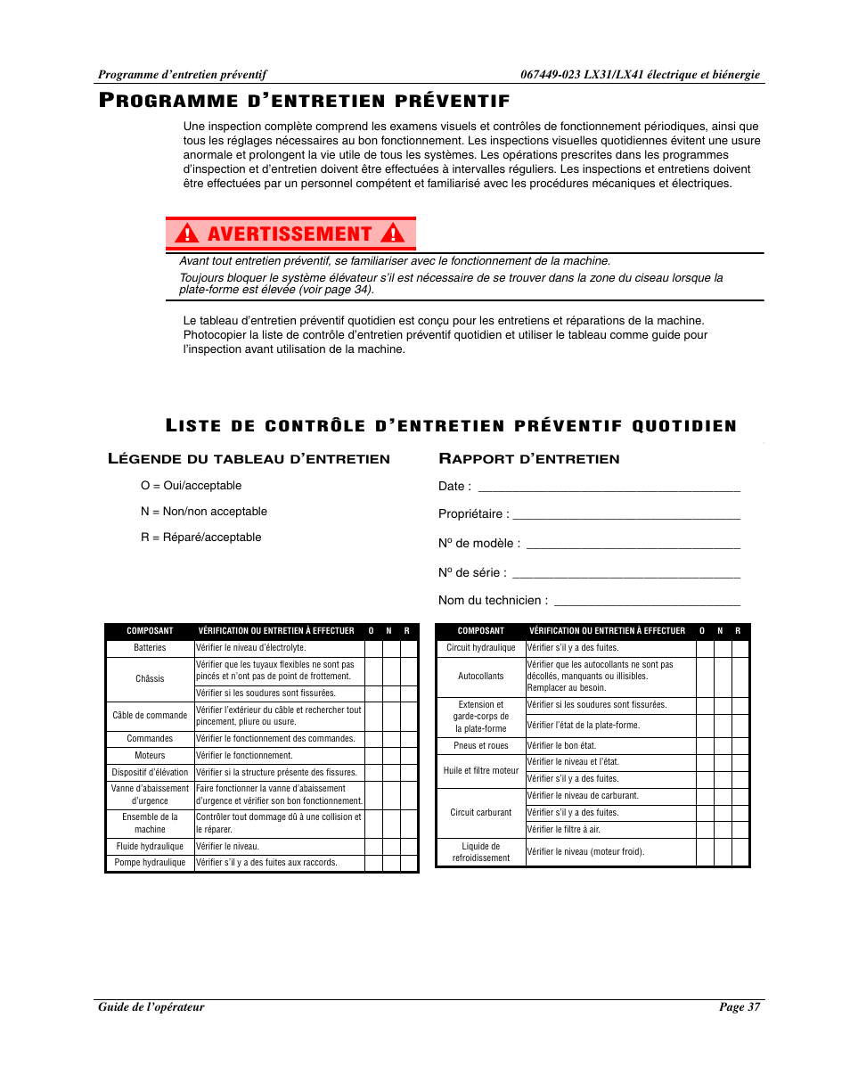 Avertissement, Rogramme, Entretien | Préventif | Snorkel Bi-Energy-sn4275+ User Manual | Page 39 / 64