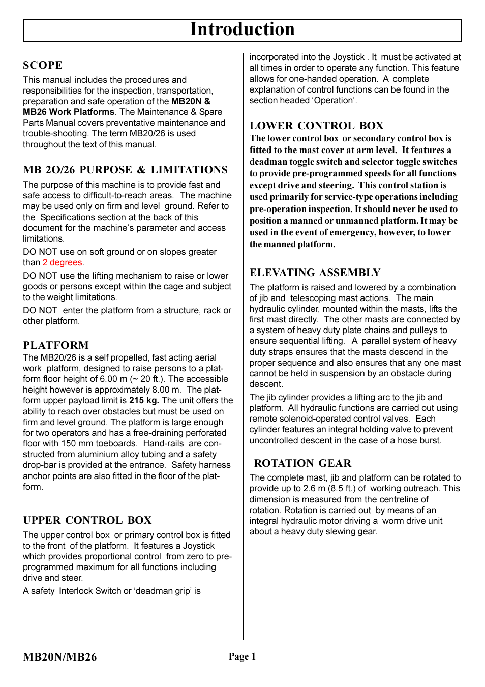 Introduction, Mb20n/mb26 scope, Mb 2o/26 purpose & limitations | Platform, Upper control box, Lower control box, Elevating assembly, Rotation gear | Snorkel MB20N-sn0001-0131 User Manual | Page 2 / 16