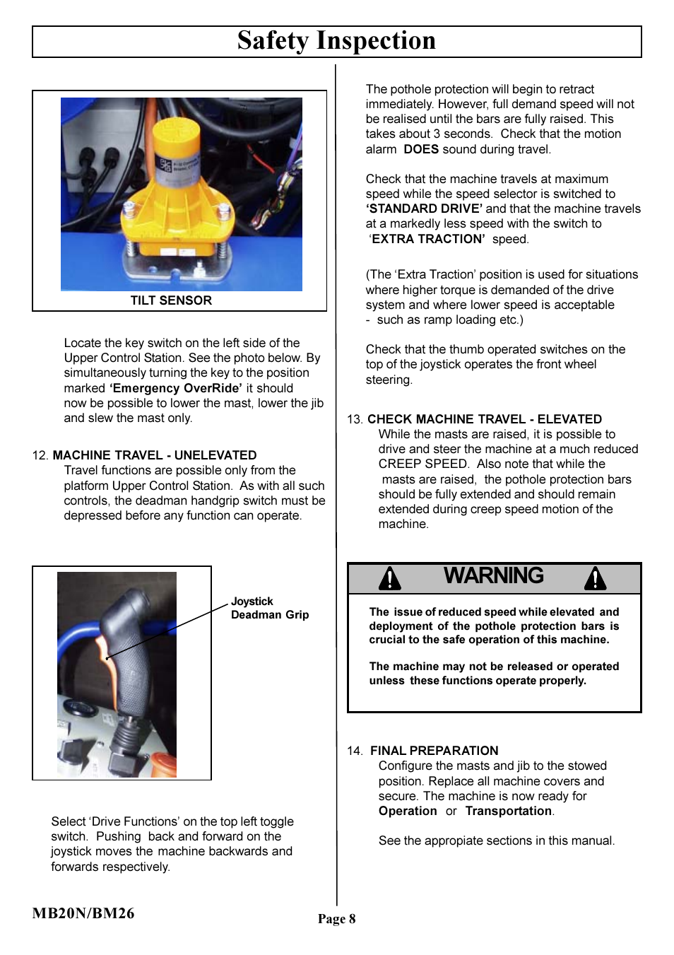 Safety inspection, Warning, Mb20n/bm26 | Snorkel MB20N-sn0001-0131 User Manual | Page 9 / 16
