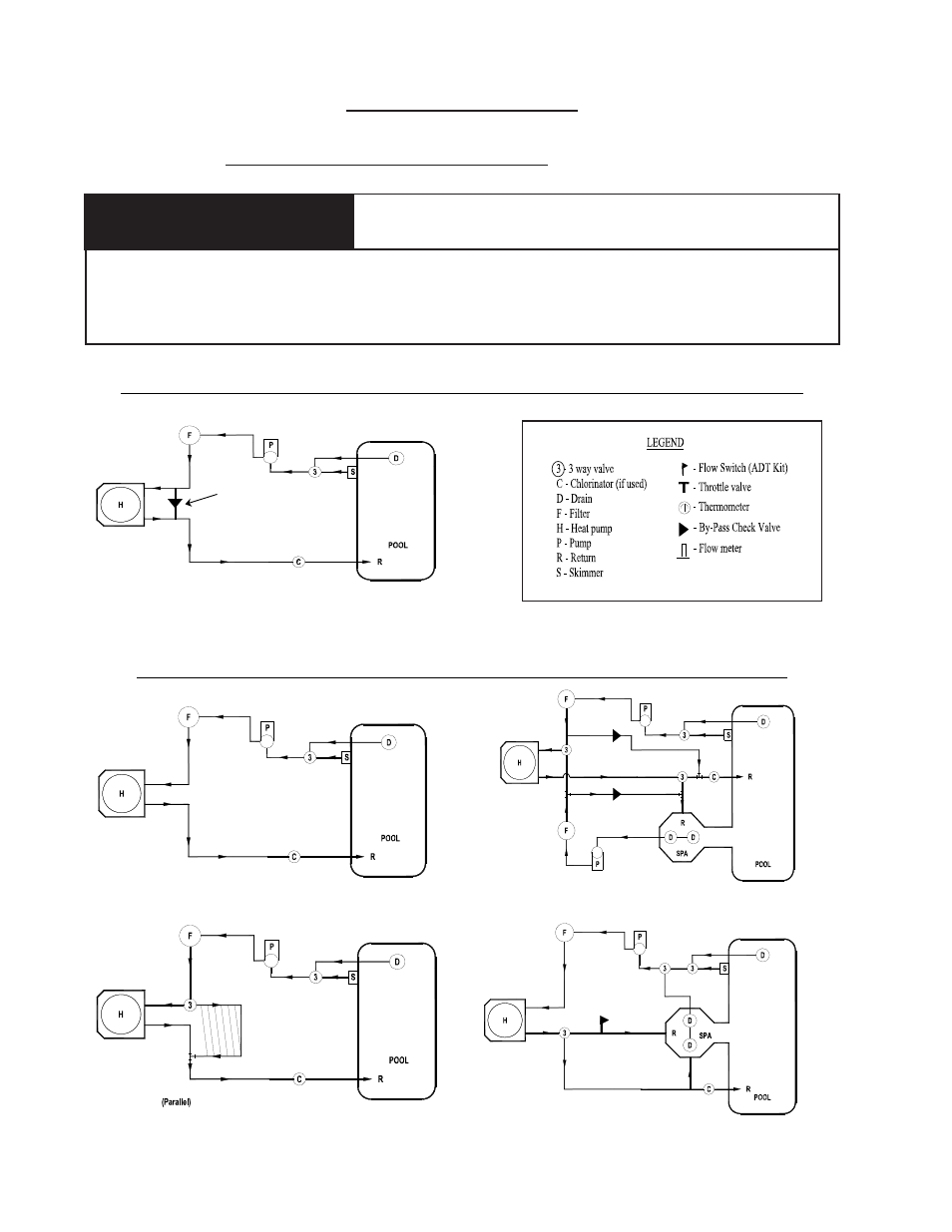 Caution, Installation, Plumbing requirements (continued) | General plumbing schematic–flow exceeding 70-gpm, General plumbing schematics – flow 30 to 70-gpm | Aquacal Heat Pump User Manual | Page 42 / 60