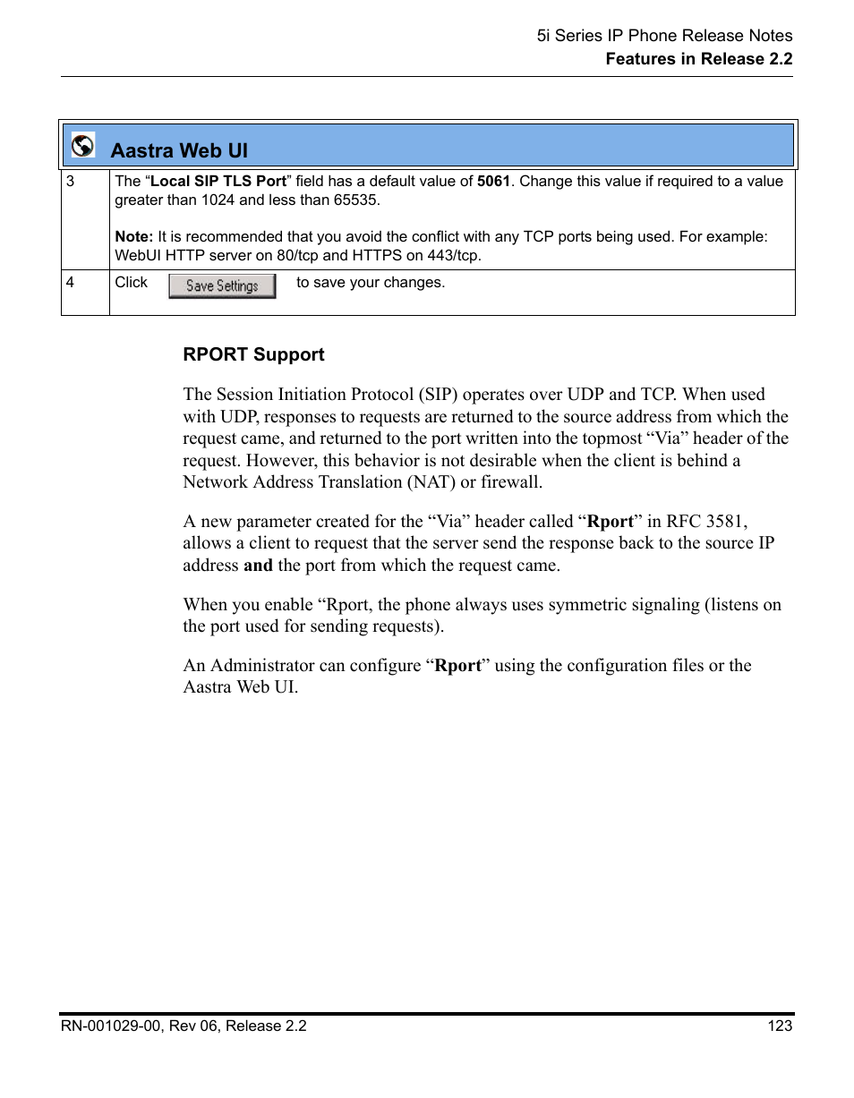Rport support, Aastra web ui | Aastra Telecom REV 06 User Manual | Page 127 / 146