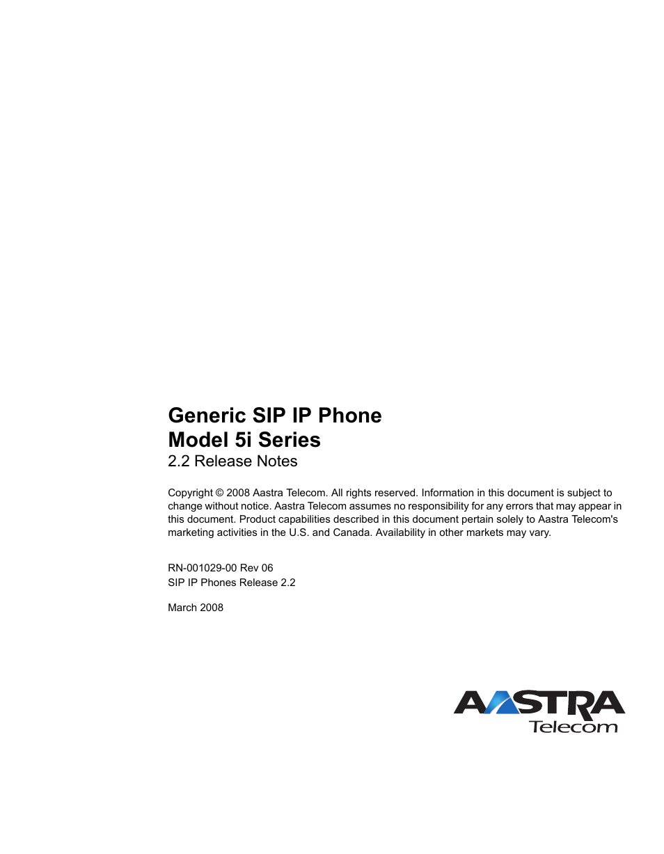 Generic sip ip phone model 5i series | Aastra Telecom REV 06 User Manual | Page 146 / 146