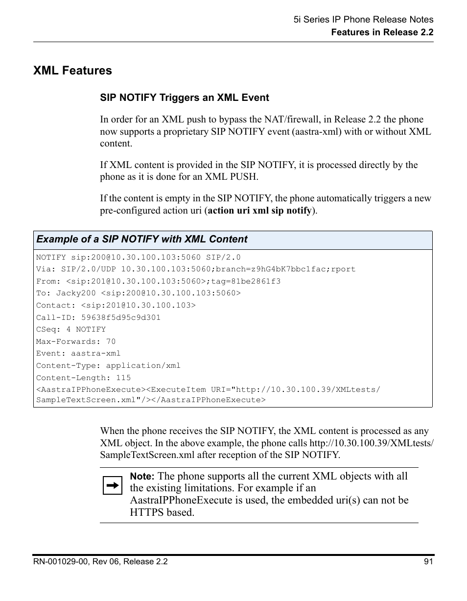 Xml features, Sip notify triggers an xml event | Aastra Telecom REV 06 User Manual | Page 95 / 146