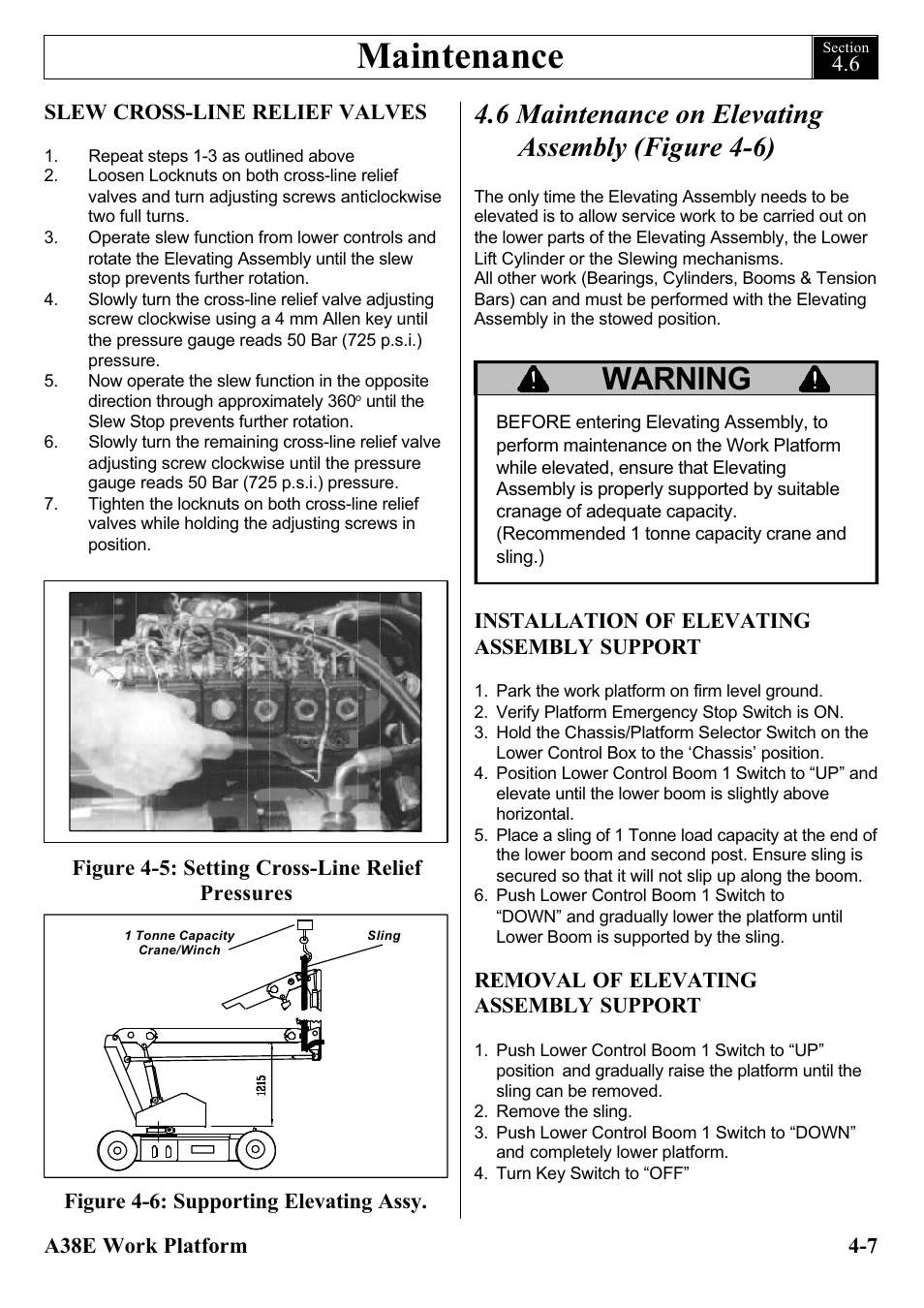 Maintenance, Warning, 6 maintenance on elevating assembly (figure 4-6) | Snorkel A38E-sn004500+ User Manual | Page 37 / 132