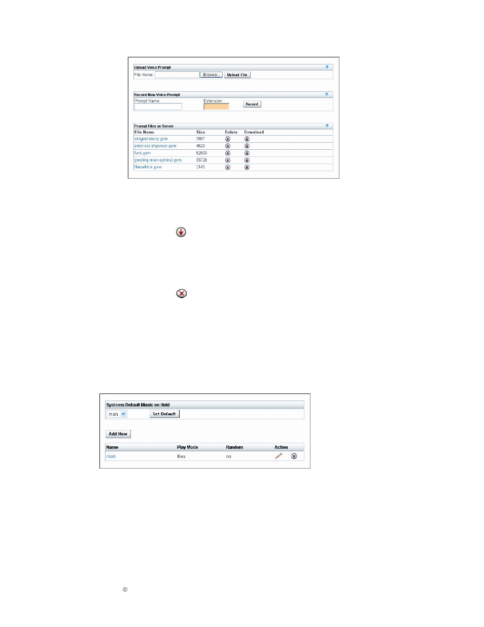 Download a prompt, Delete a prompt, Music on hold | Add new music files | IPitomy IP1000 User Guide User Manual | Page 105 / 124