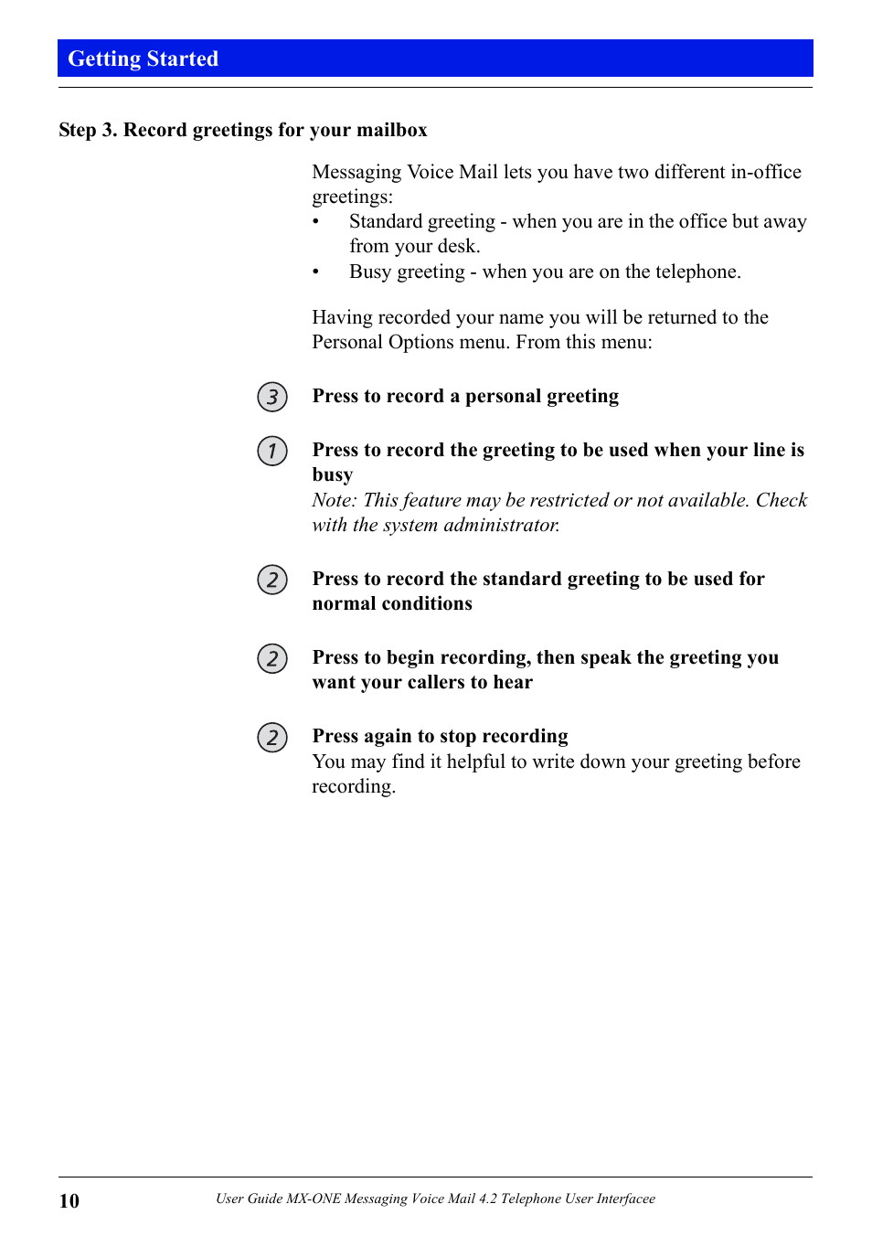 Step 3. record greetings for your mailbox | Aastra Telecom MX-ONE 4.2 User Manual | Page 12 / 46