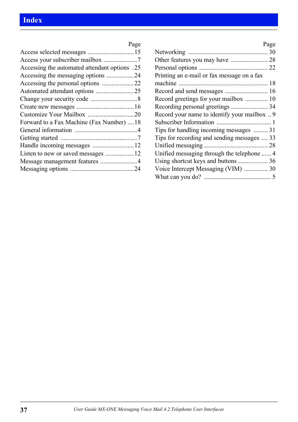 Index | Aastra Telecom MX-ONE 4.2 User Manual | Page 39 / 46