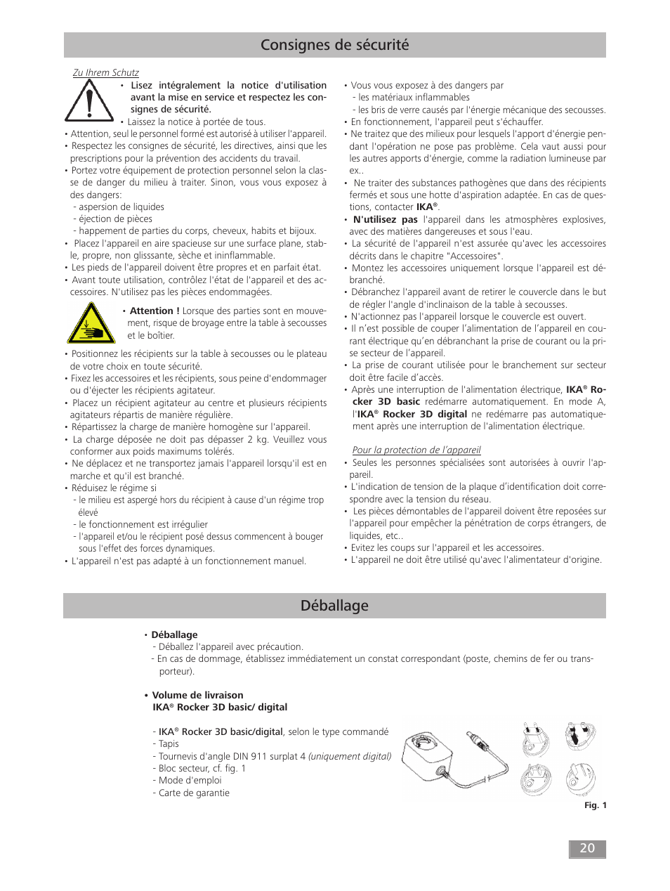 Consignes de sécurité déballage | IKA ROCKER 3D digital User Manual | Page 20 / 52