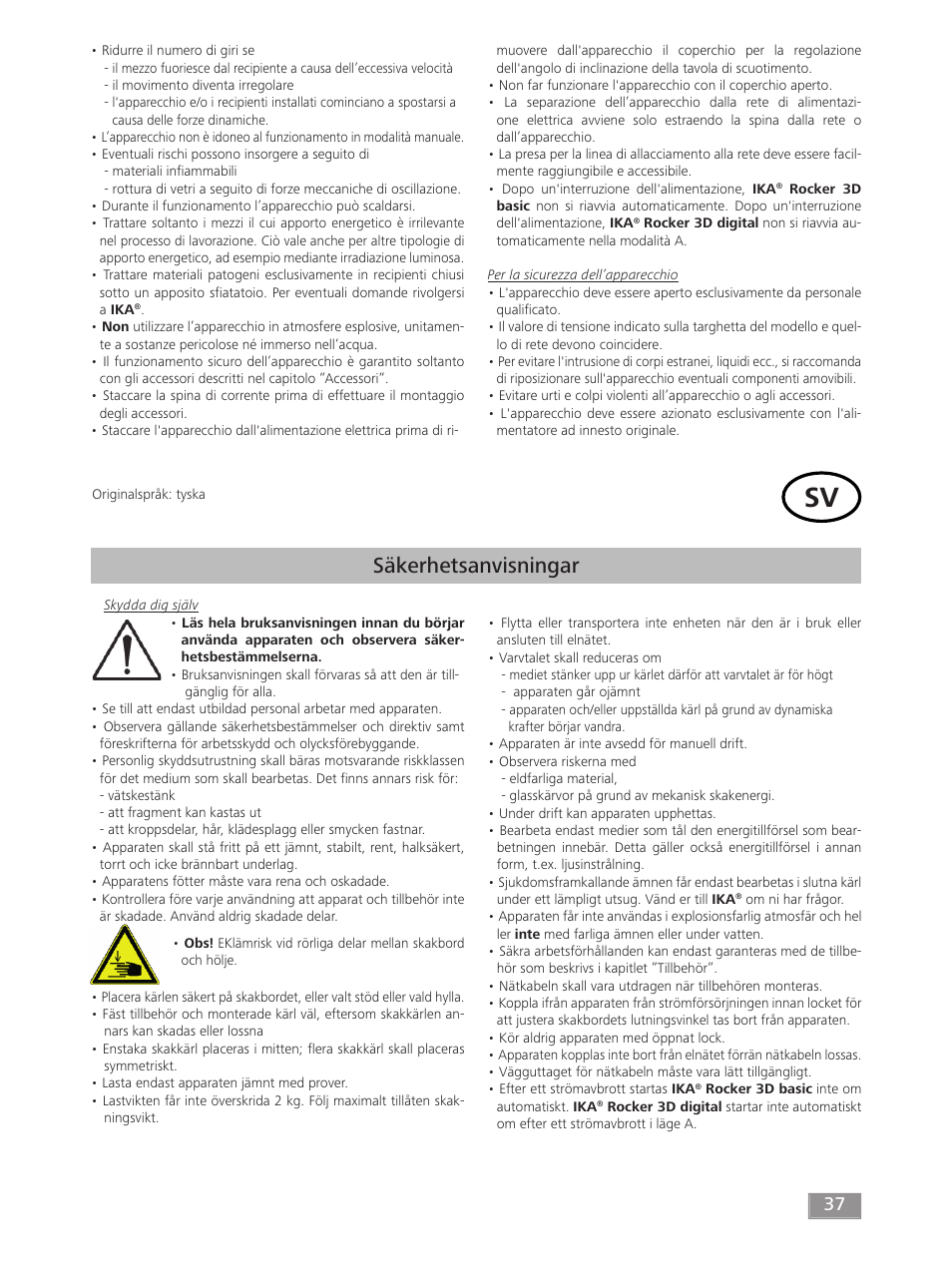 Säkerhetsanvisningar | IKA ROCKER 3D digital User Manual | Page 37 / 52