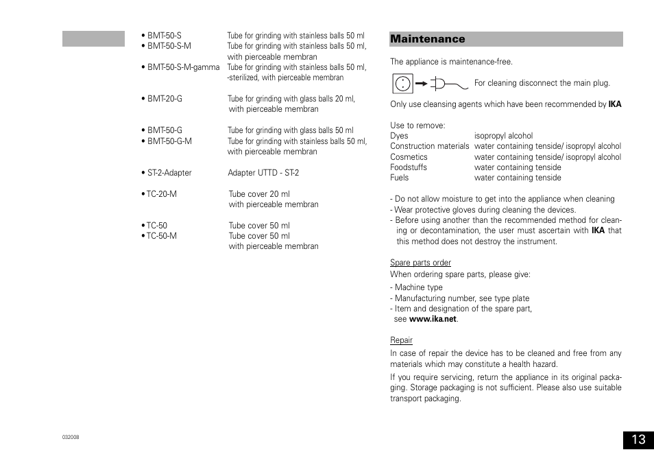 Maintenance | IKA ULTRA-TURRAX Tube Drive User Manual | Page 13 / 39