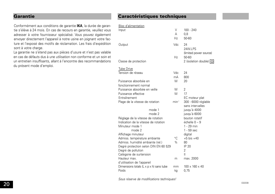 Garantie caractéristiques techniques | IKA ULTRA-TURRAX Tube Drive User Manual | Page 20 / 39