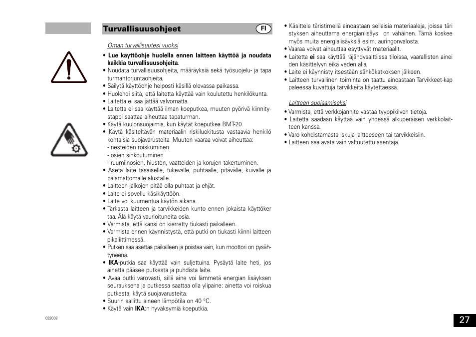 Turvallisuusohjeet | IKA ULTRA-TURRAX Tube Drive User Manual | Page 27 / 39