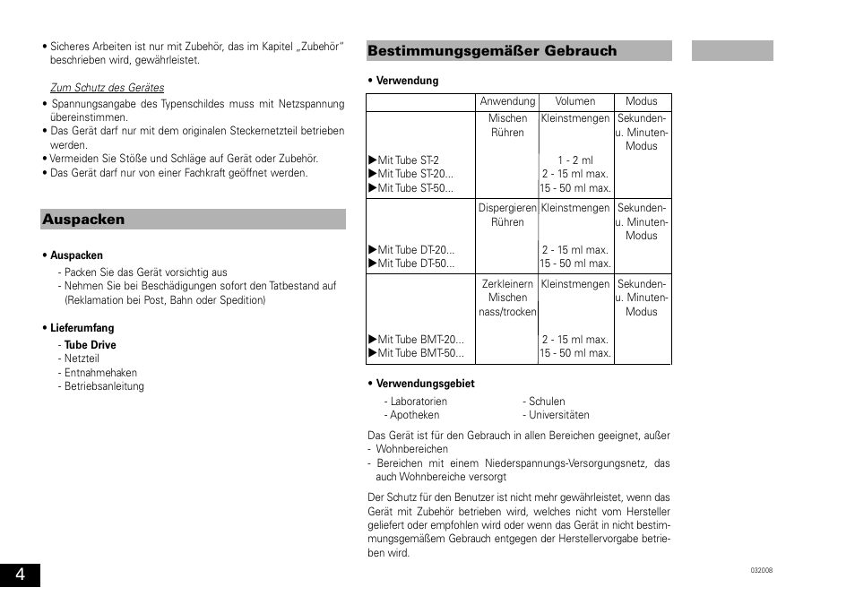 Auspacken bestimmungsgemäßer gebrauch | IKA ULTRA-TURRAX Tube Drive User Manual | Page 4 / 39