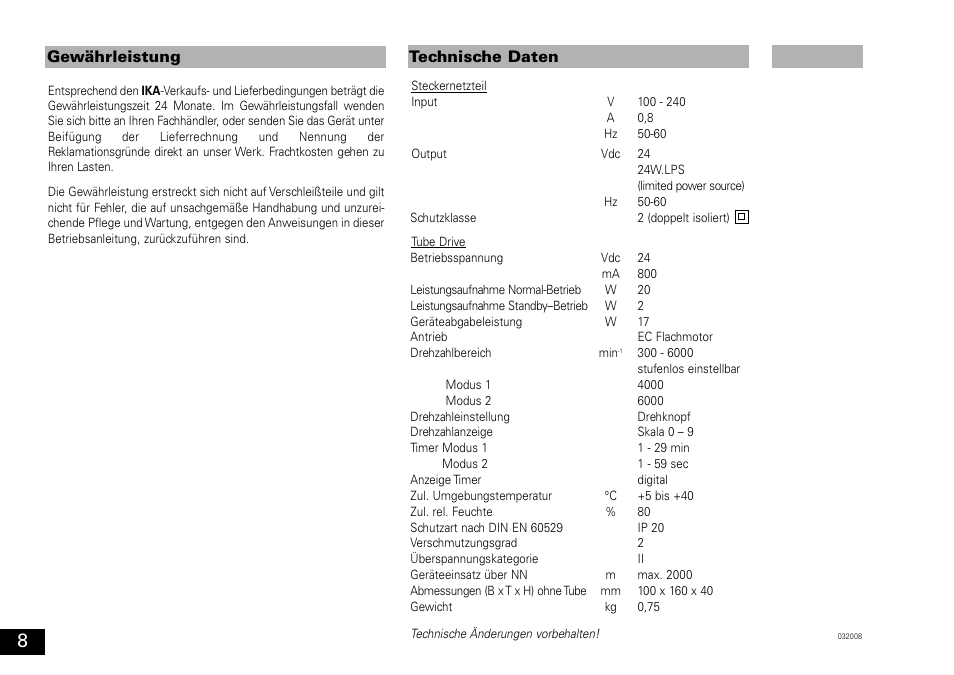 Technische daten gewährleistung | IKA ULTRA-TURRAX Tube Drive User Manual | Page 8 / 39