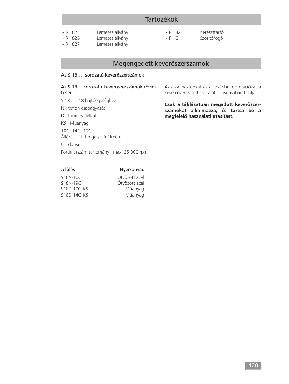 Tartozékok, Megengedett keverőszerszámok | IKA T 18 digital ULTRA-TURRAX User Manual | Page 120 / 188