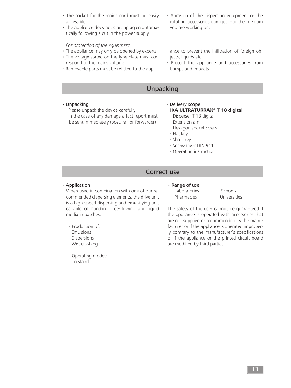 Unpacking, Correct use | IKA T 18 digital ULTRA-TURRAX User Manual | Page 13 / 188