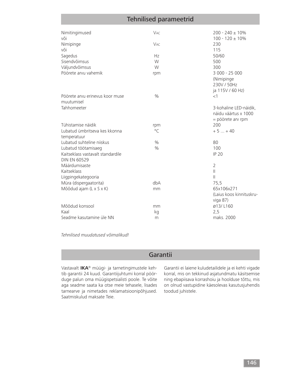 Garantii tehnilised parameetrid | IKA T 18 digital ULTRA-TURRAX User Manual | Page 146 / 188