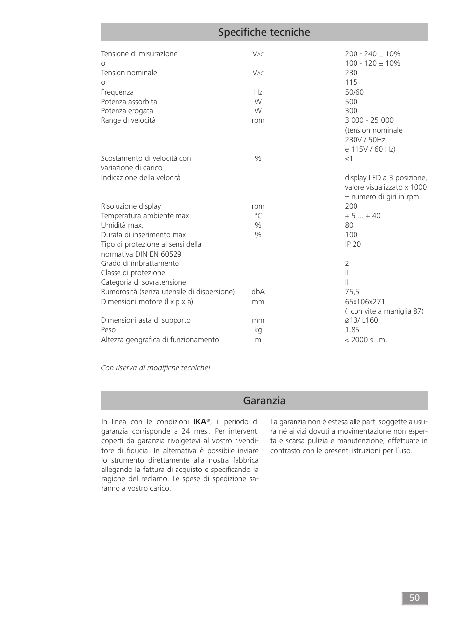 Garanzia speciﬁ che tecniche | IKA T 18 digital ULTRA-TURRAX User Manual | Page 50 / 188