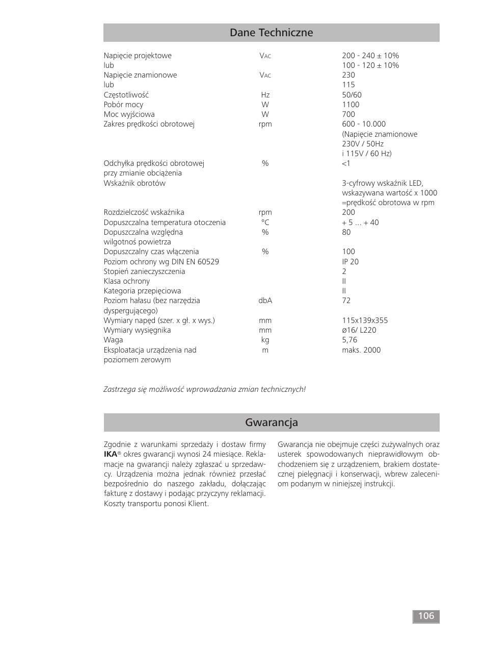 Gwarancja dane techniczne | IKA T 50 digital ULTRA-TURRAX User Manual | Page 106 / 188
