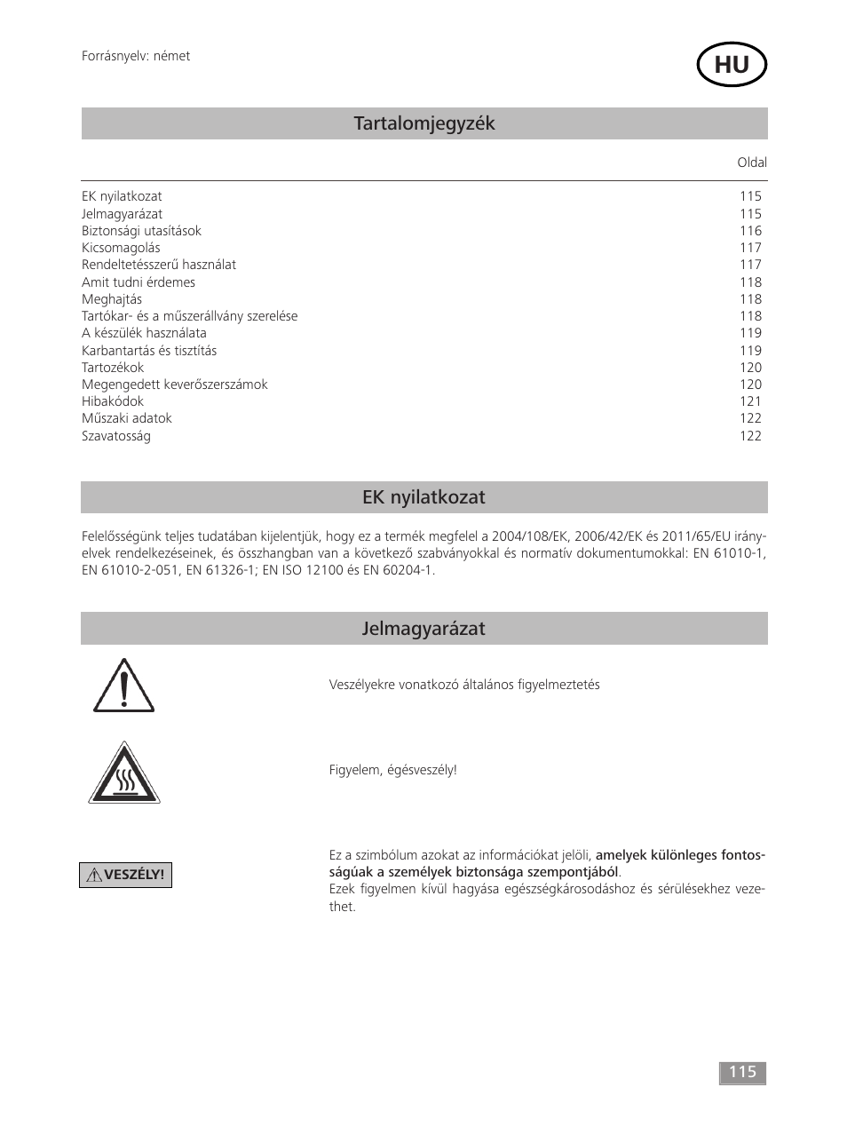 Tartalomjegyzék, Ek nyilatkozat jelmagyarázat | IKA T 50 digital ULTRA-TURRAX User Manual | Page 115 / 188