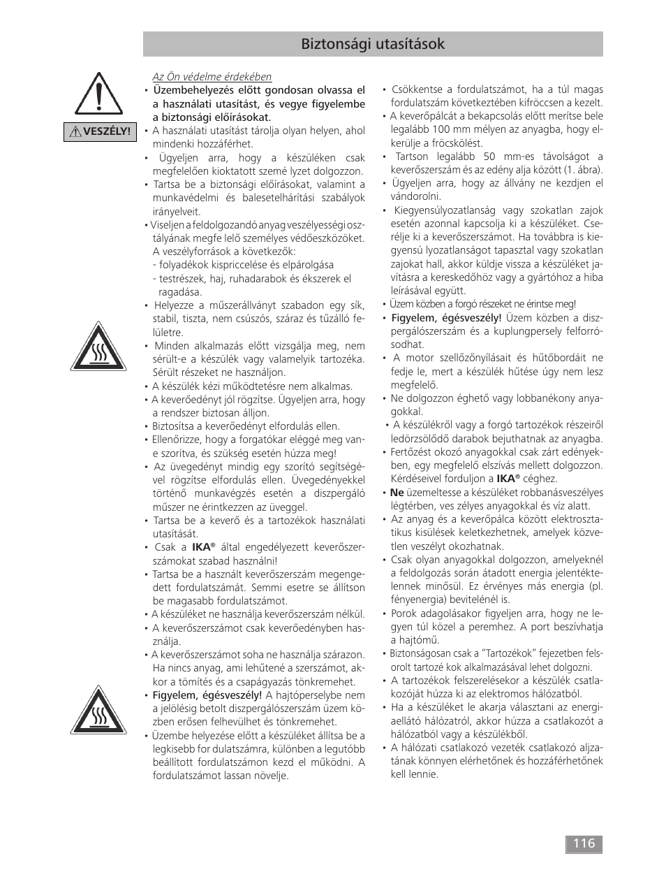 Biztonsági utasítások | IKA T 50 digital ULTRA-TURRAX User Manual | Page 116 / 188