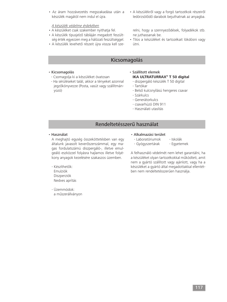 Kicsomagolás, Rendeltetésszerű használat | IKA T 50 digital ULTRA-TURRAX User Manual | Page 117 / 188