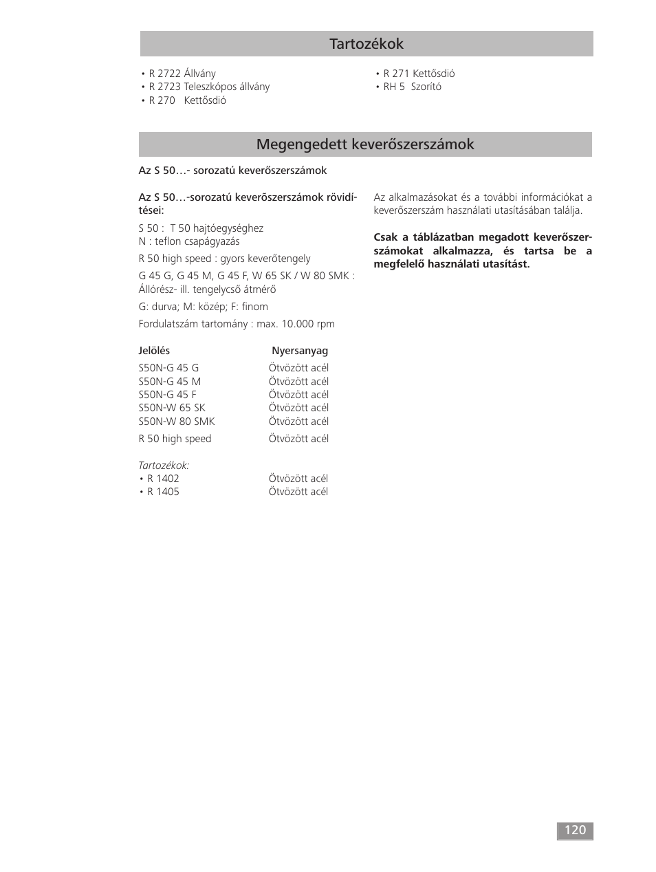 Tartozékok, Megengedett keverőszerszámok | IKA T 50 digital ULTRA-TURRAX User Manual | Page 120 / 188