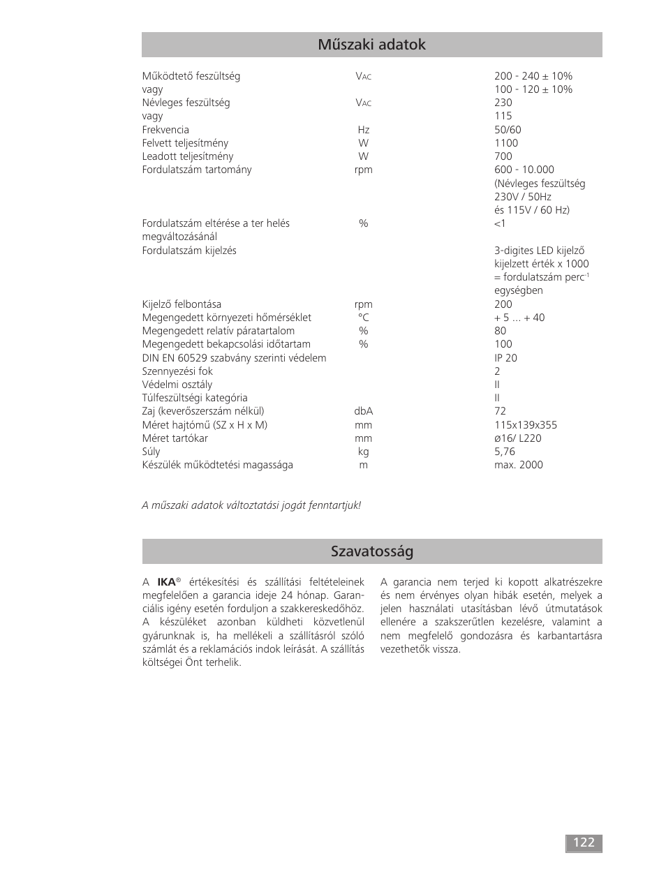 Szavatosság műszaki adatok | IKA T 50 digital ULTRA-TURRAX User Manual | Page 122 / 188