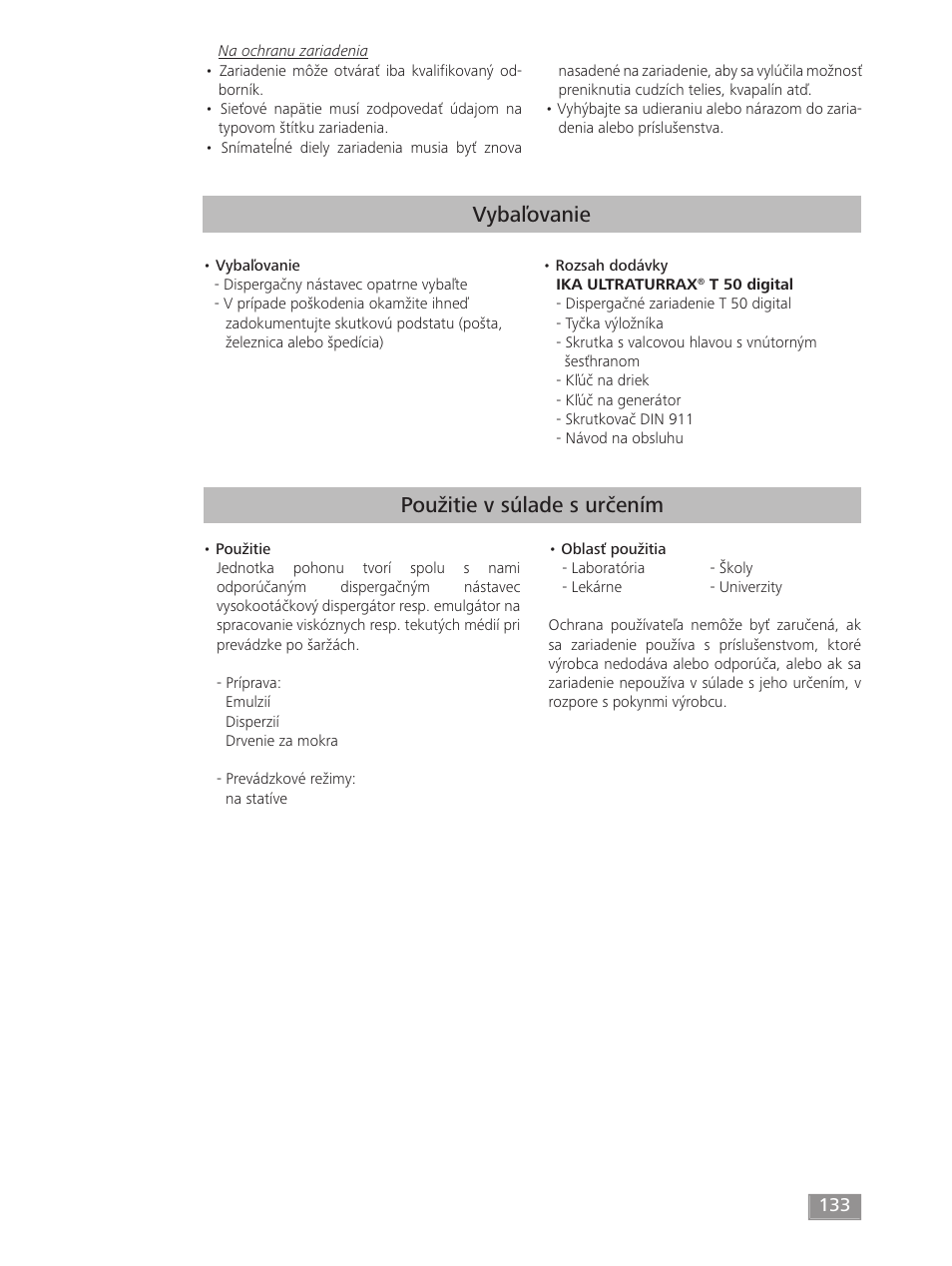 Vybaľovanie, Použitie v súlade s určením | IKA T 50 digital ULTRA-TURRAX User Manual | Page 133 / 188