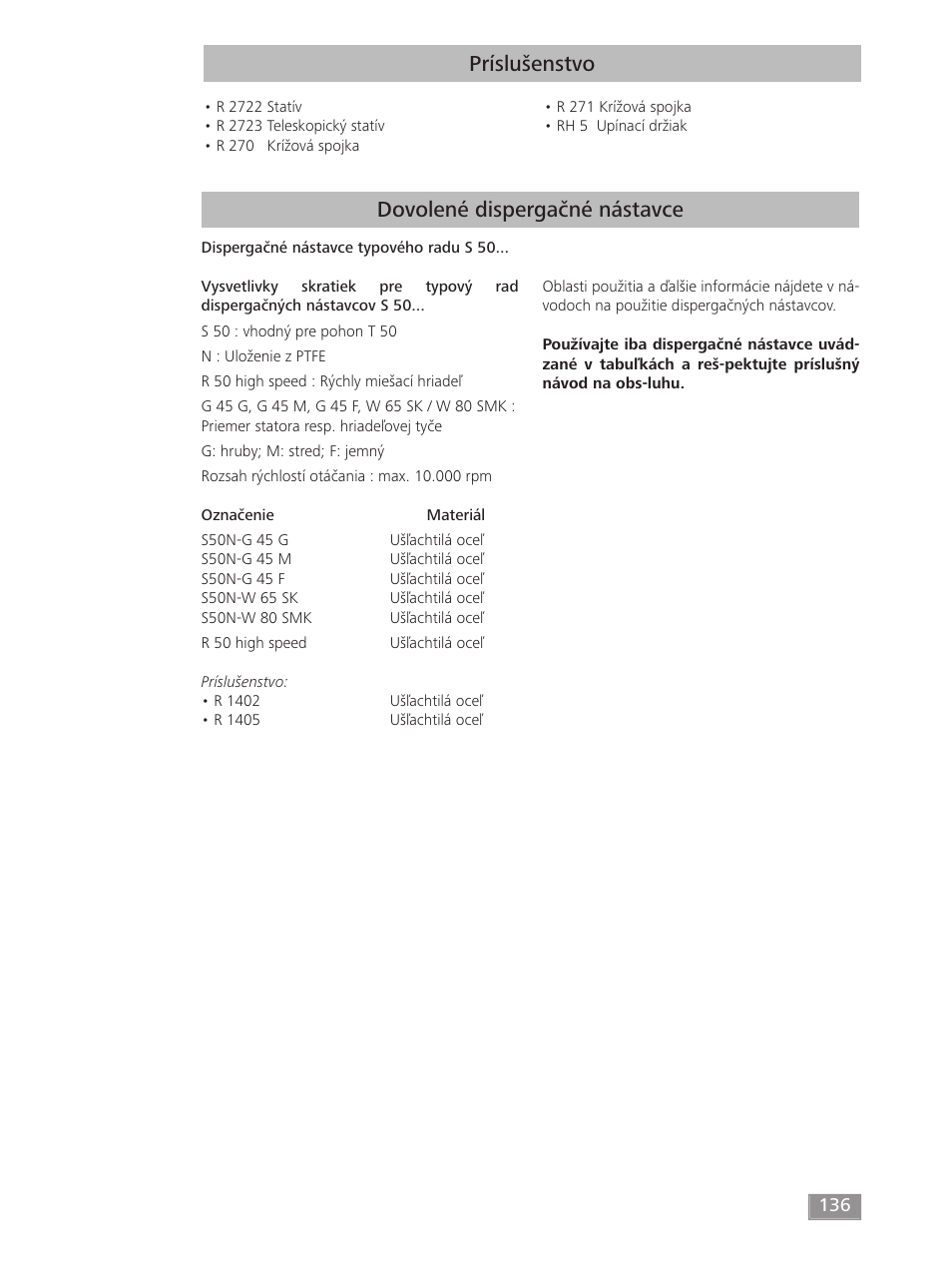 Príslušenstvo, Dovolené dispergačné nástavce | IKA T 50 digital ULTRA-TURRAX User Manual | Page 136 / 188