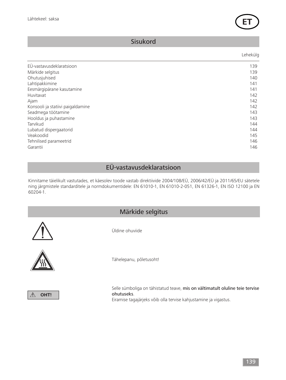 Sisukord, Eü-vastavusdeklaratsioon märkide selgitus | IKA T 50 digital ULTRA-TURRAX User Manual | Page 139 / 188