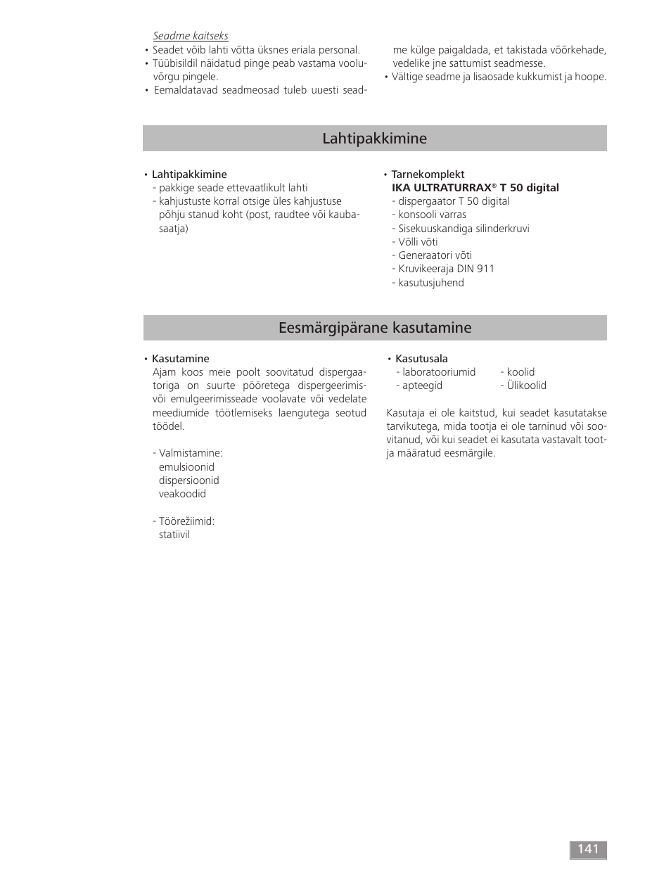 Lahtipakkimine, Eesmärgipärane kasutamine | IKA T 50 digital ULTRA-TURRAX User Manual | Page 141 / 188