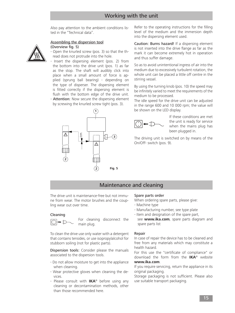 Working with the unit, Maintenance and cleaning | IKA T 50 digital ULTRA-TURRAX User Manual | Page 15 / 188