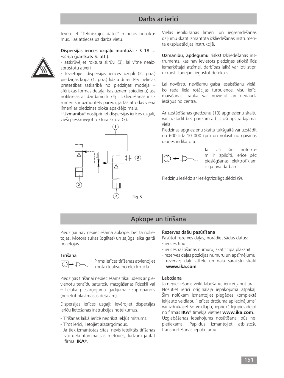 Darbs ar ierīci, Apkope un tīrīšana | IKA T 50 digital ULTRA-TURRAX User Manual | Page 151 / 188