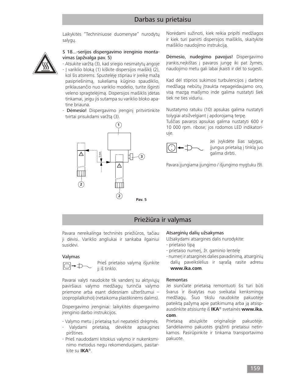Darbas su prietaisu, Priežiūra ir valymas | IKA T 50 digital ULTRA-TURRAX User Manual | Page 159 / 188